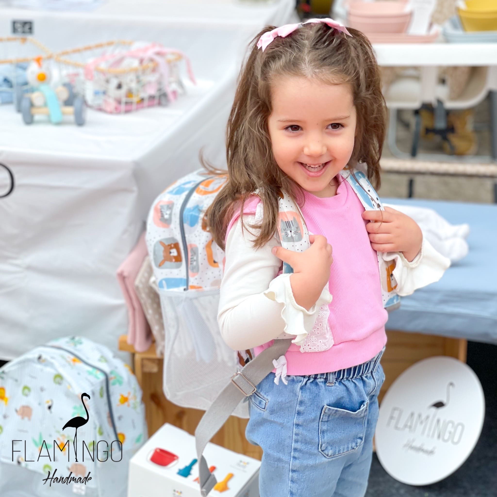 mochila rede praia plastificada flamingo handmade